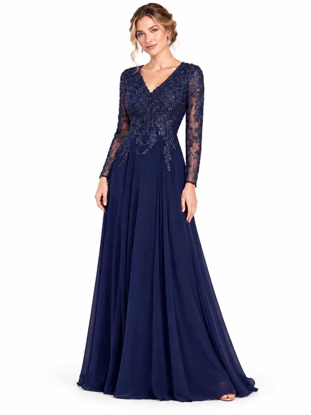 Mac Duggal Embroidered Illusion Long Sleeve V-Neck Gown Navy 20388 Size 12 NWT